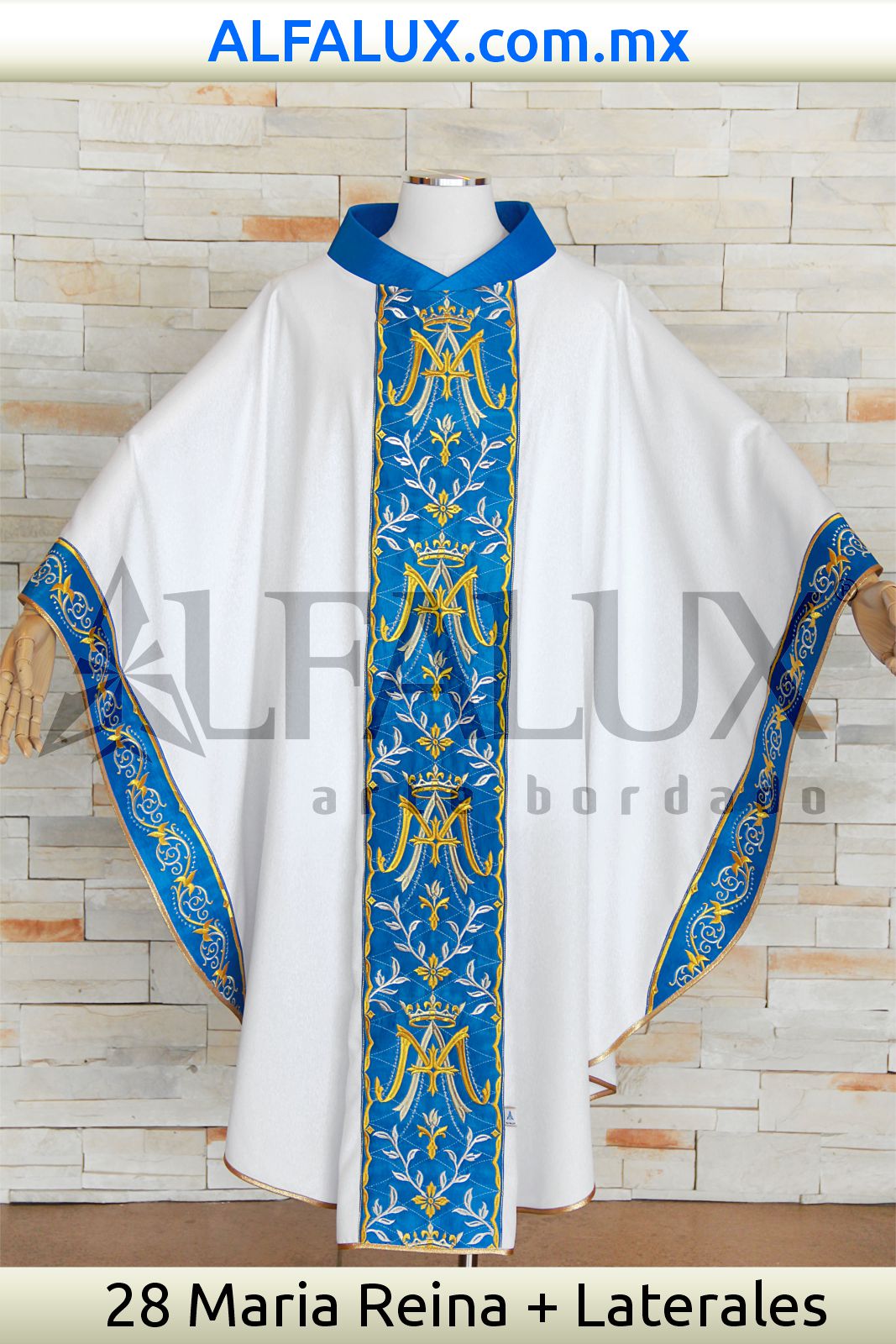 28 MARIA REINA Casulla Alfalux Central Laterales Blanco Azul 101